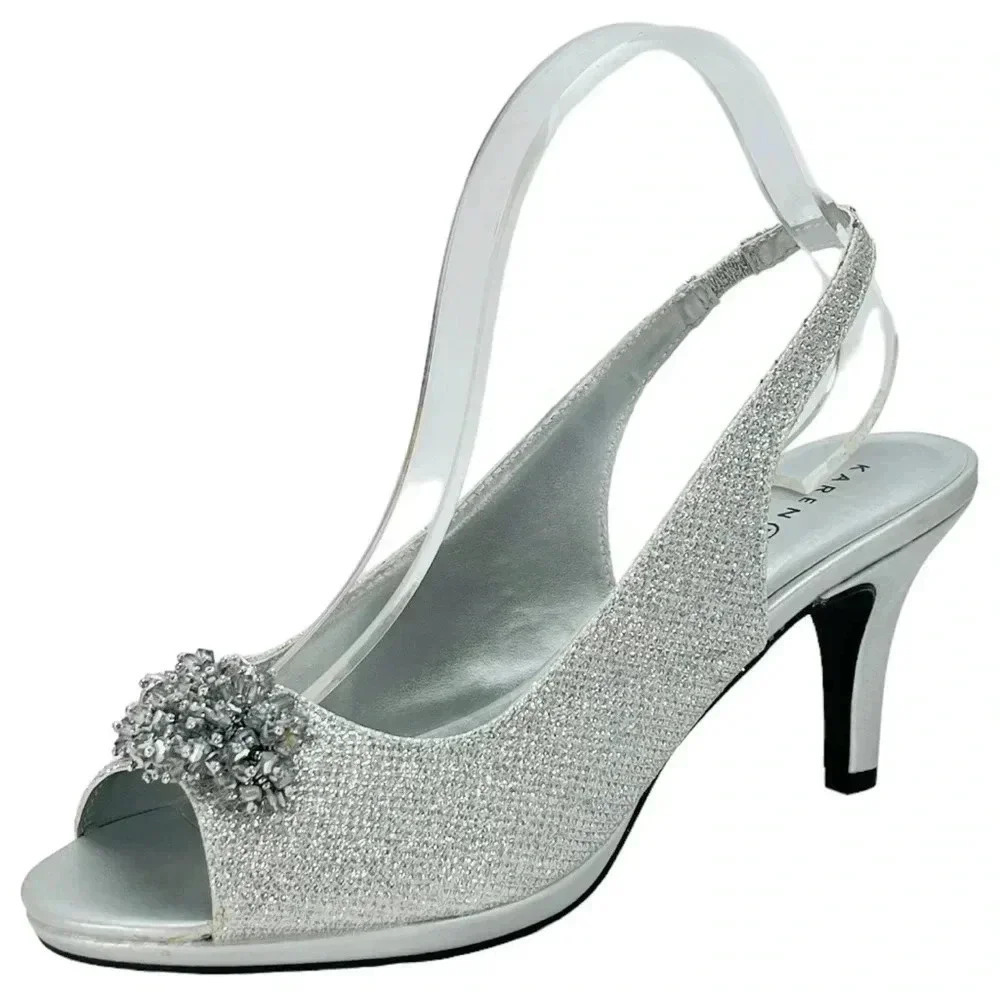 Karen Scott Breena Metallic Silver Womens Slingback Peep Toe Pumps Size 10M